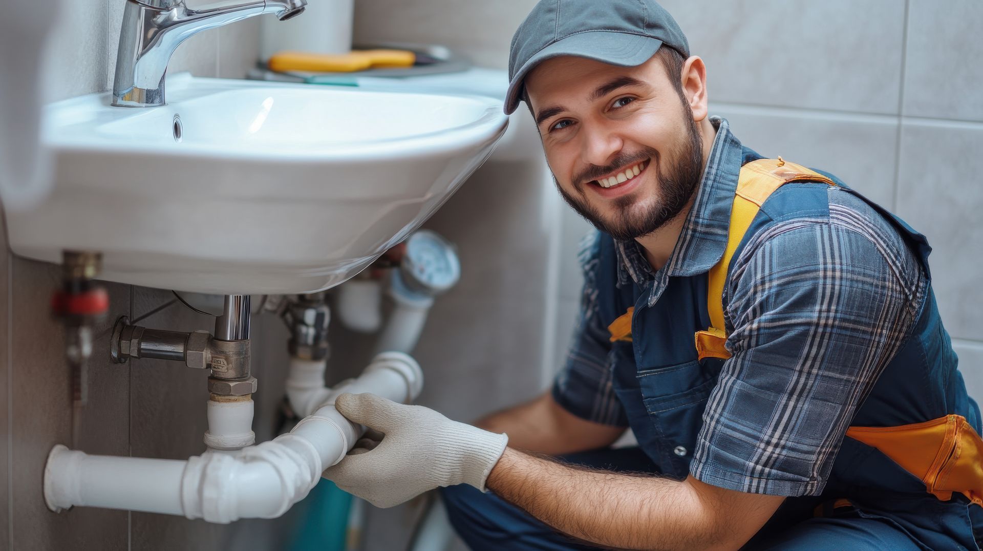 A plumber is fixing a sink in a bathroom.