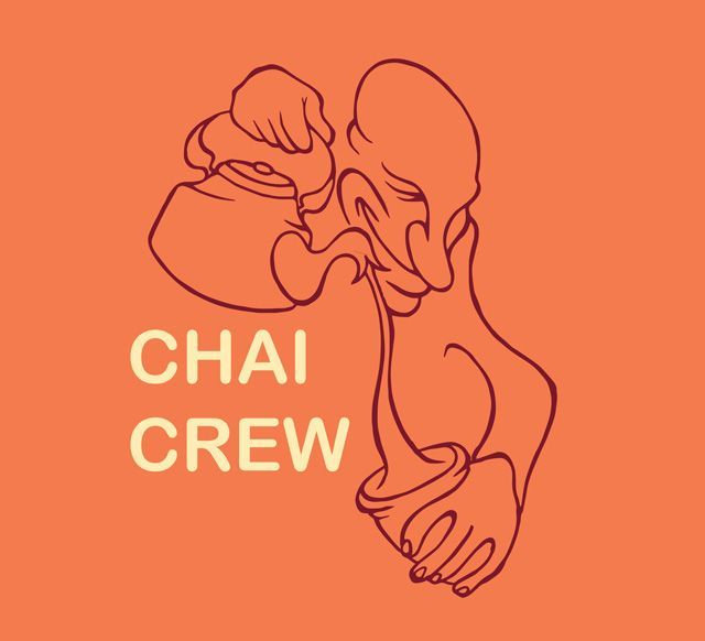 A logo for chai crew shows a person pouring tea into a cup