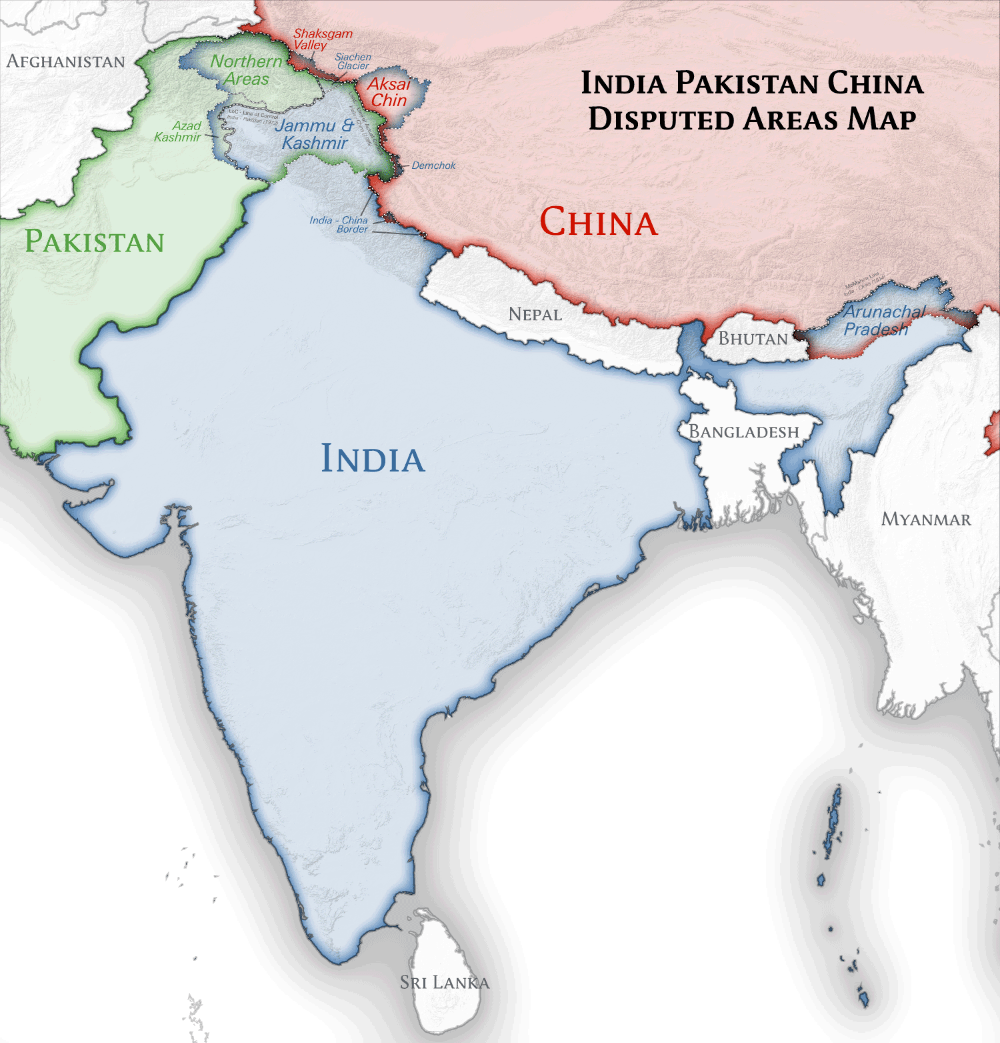 A map of india pakistan china disputed areas