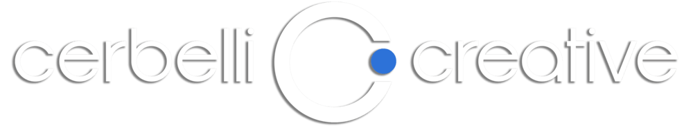 The logo for cerbelli creative has a blue circle in the middle.