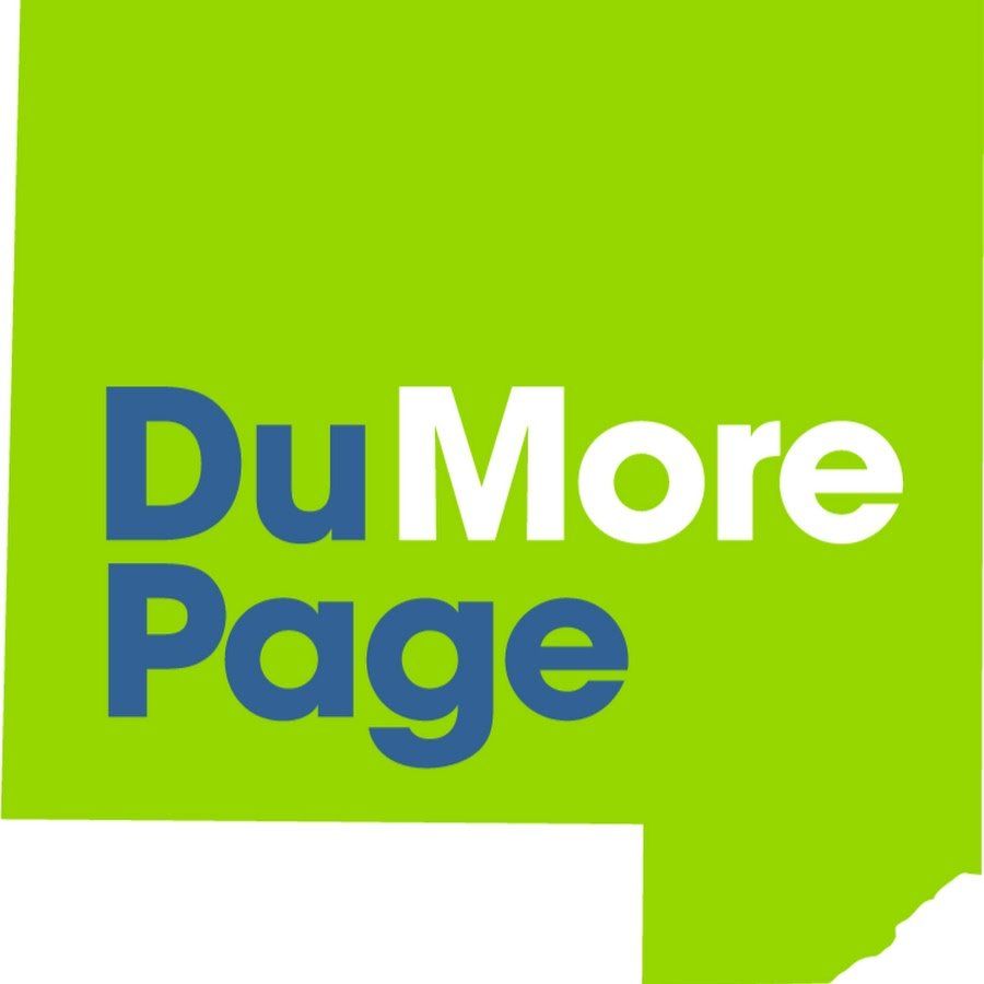 A green and blue logo for du more page