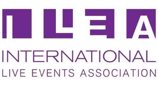 The logo for the international live events association is purple and white.