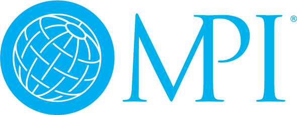 A blue and white logo for mpi with a globe in the center