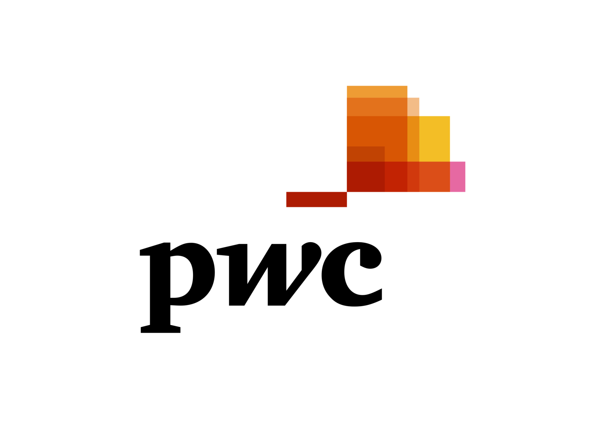 A pwc logo with a red and yellow block on a white background.
