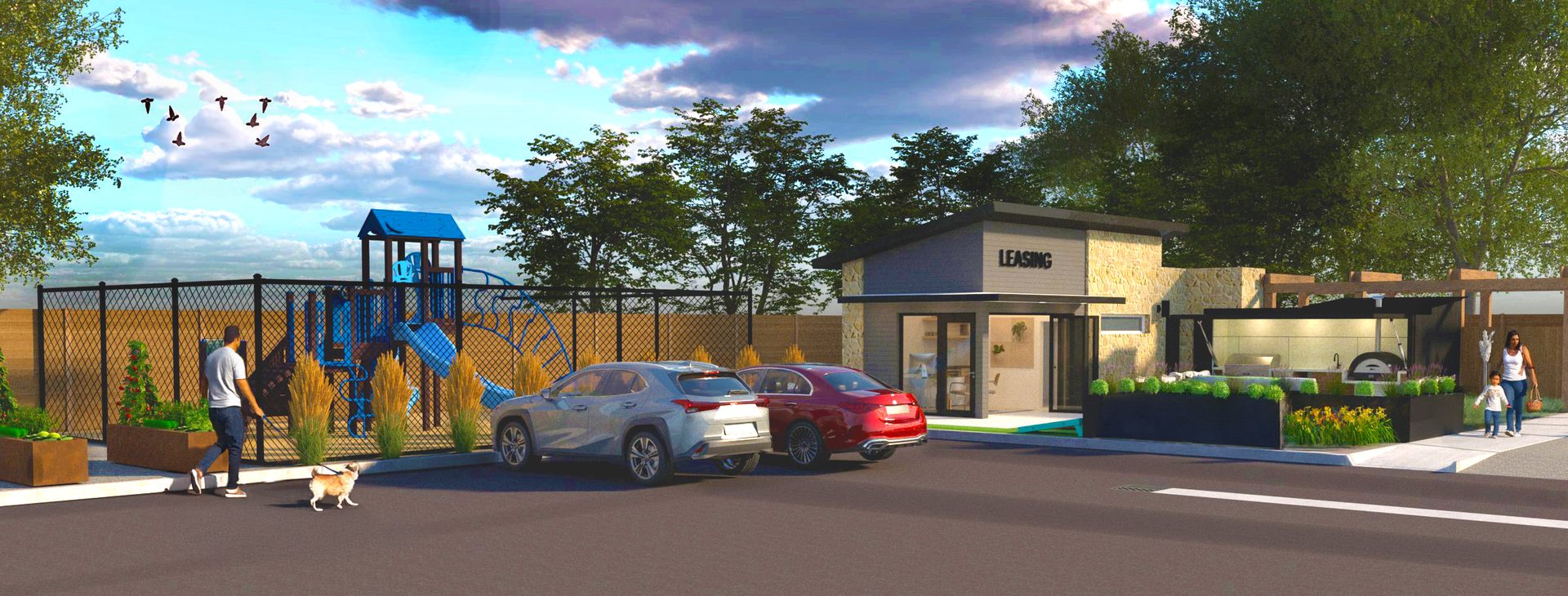 An artist 's impression of a playground with cars parked in front of it.