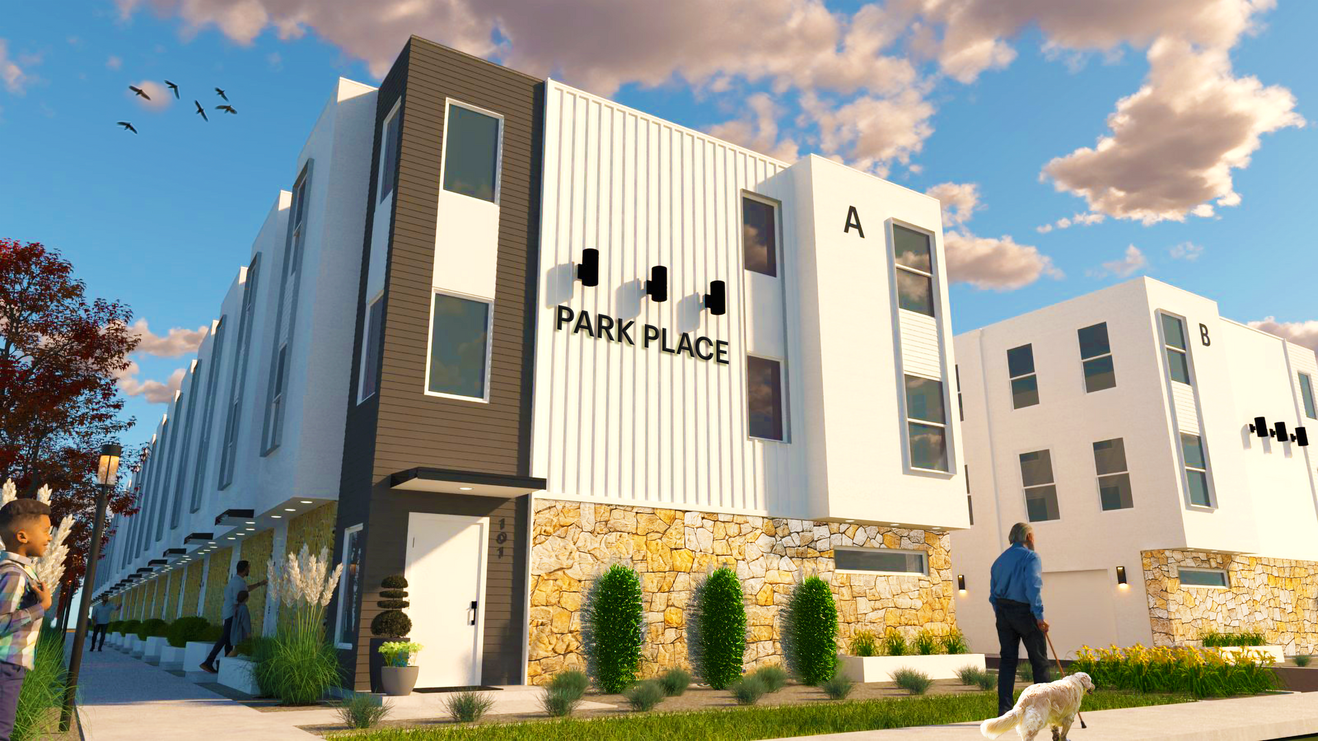 A man is walking a dog in front of a park place apartment building.