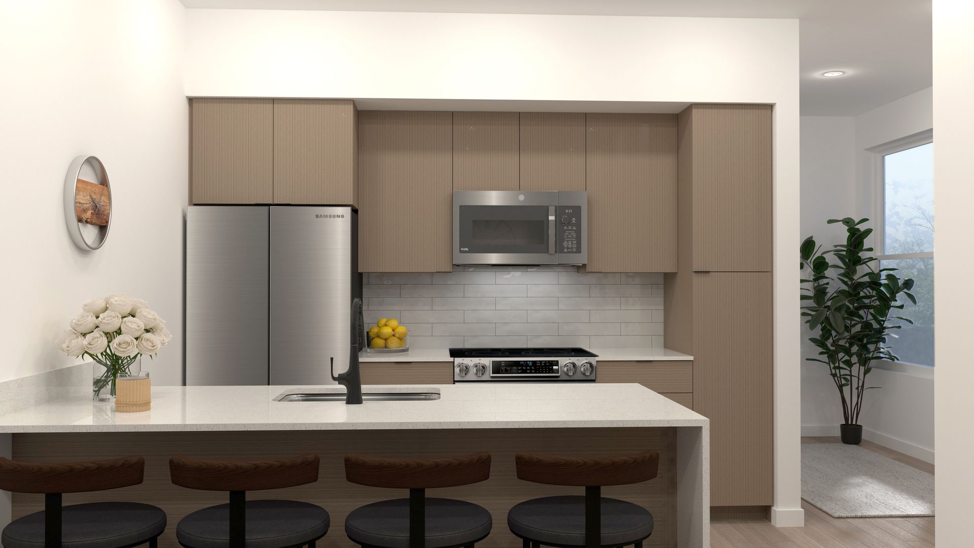 An artist 's impression of a kitchen with stainless steel appliances and wooden cabinets.