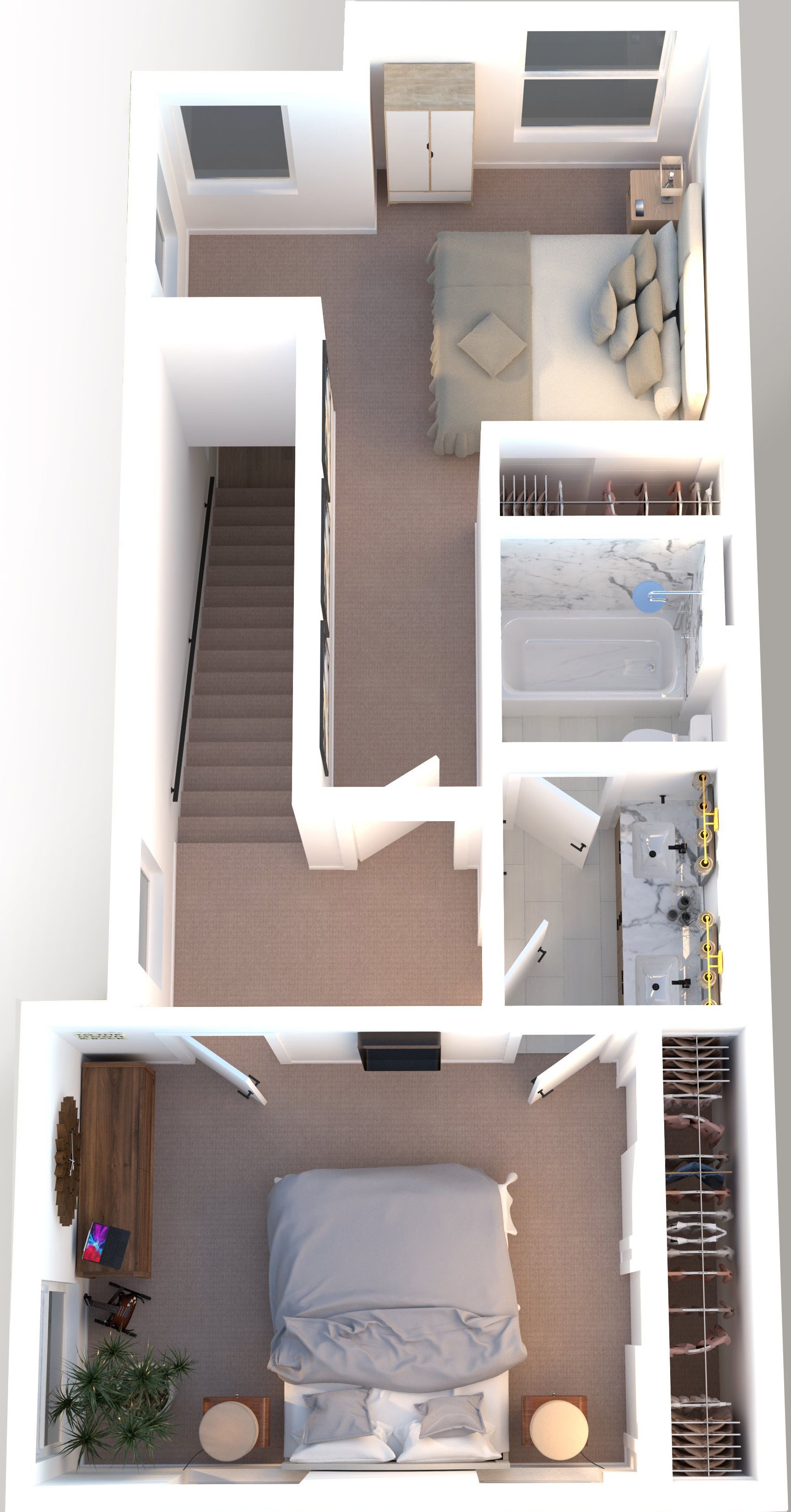 An aerial view of the second floor of a house
