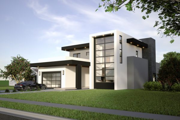 A modern house with a car parked in front of it