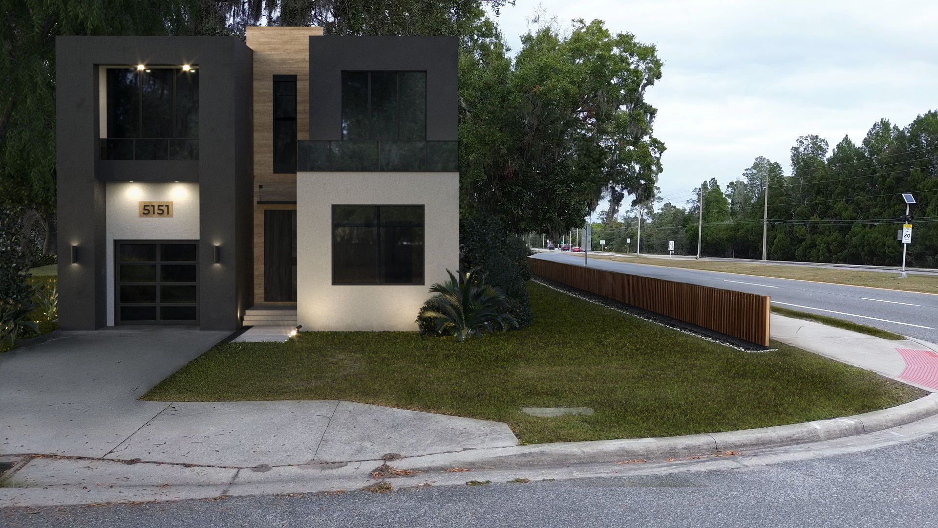 An artist 's impression of a modern house on the corner of a street