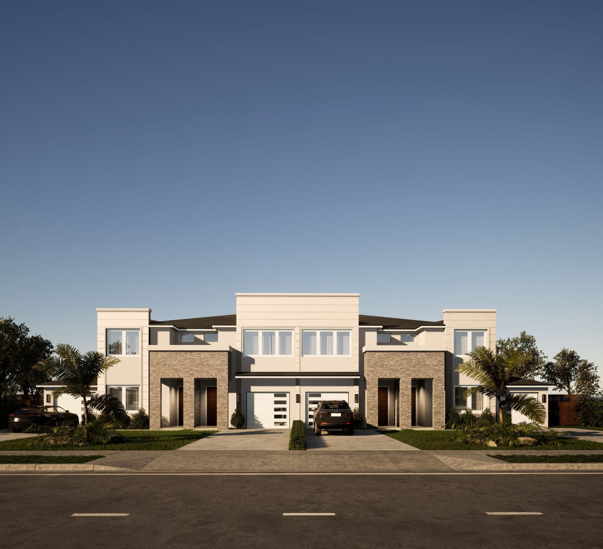 A large white house with a car parked in front of it