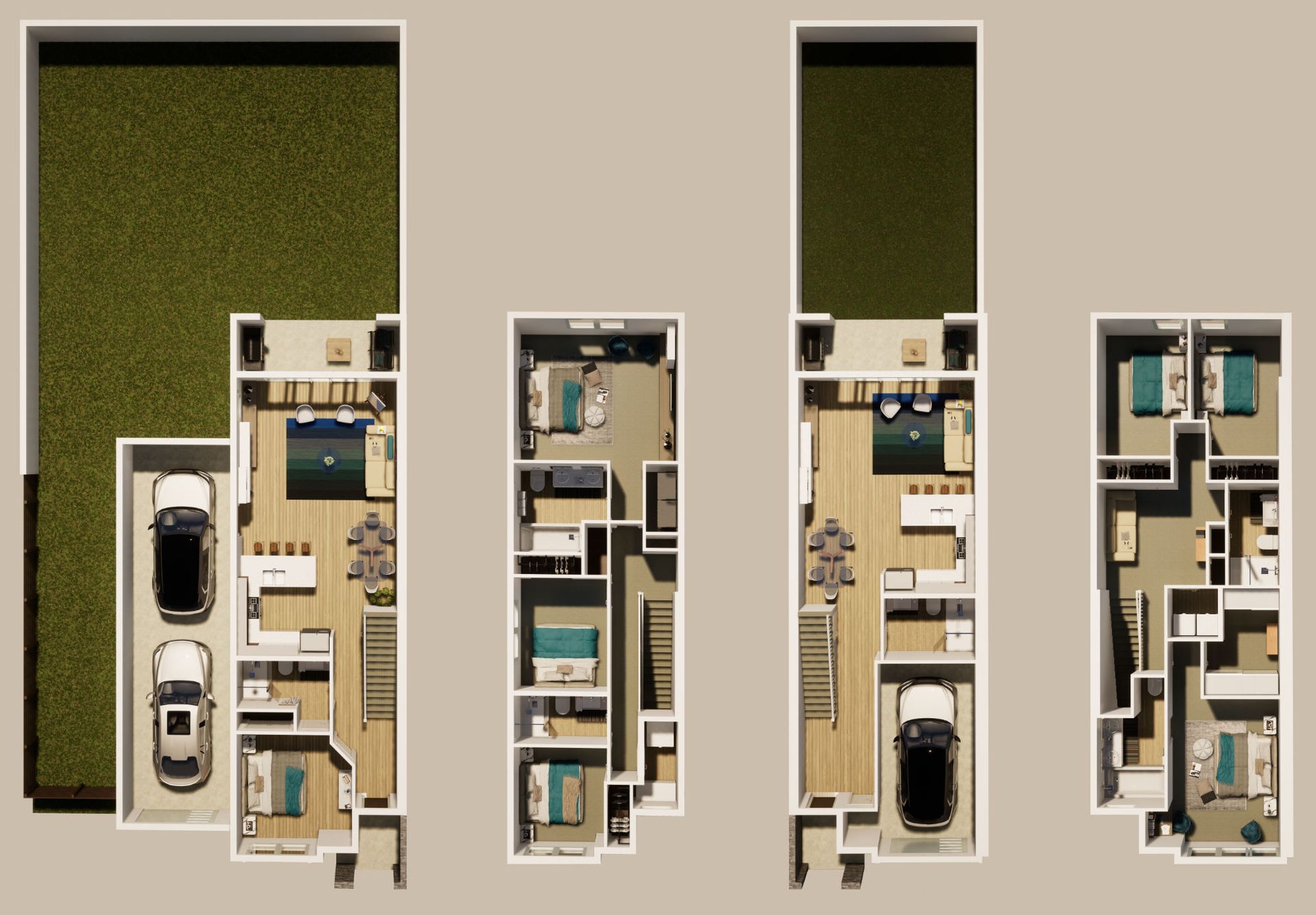 A floor plan of a house with a lot of rooms and a lot of grass.
