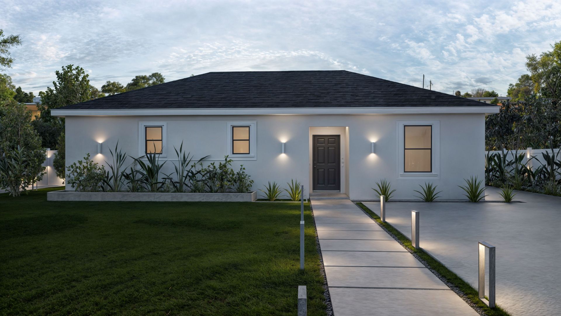 A white house with a black roof and a driveway leading to it.