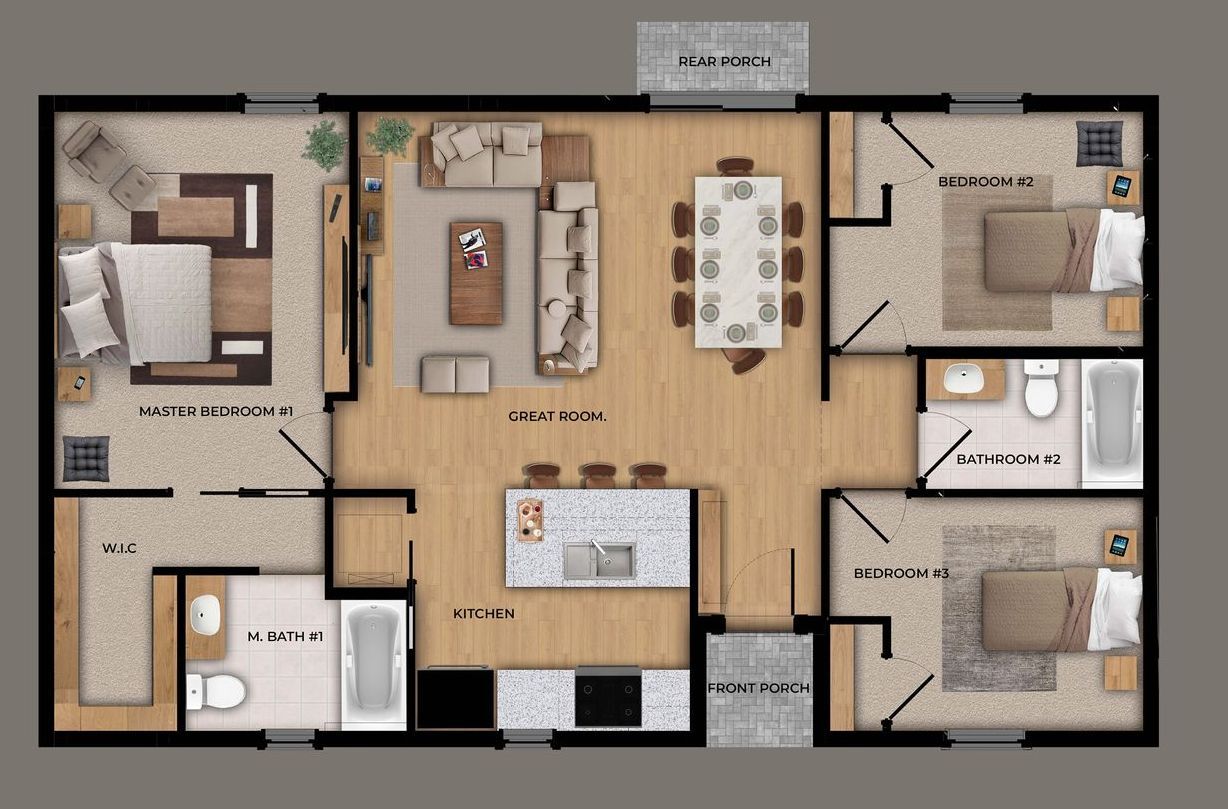 A floor plan of a house with three bedrooms and a dining room
