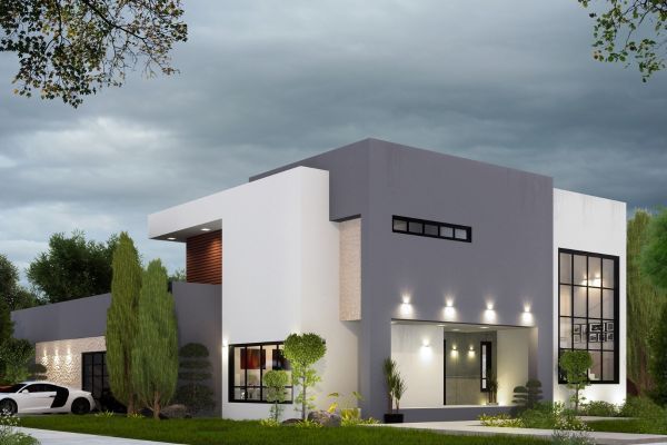 A modern house with a car parked in front of it