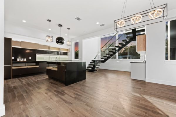 There is a staircase in the middle of the room.