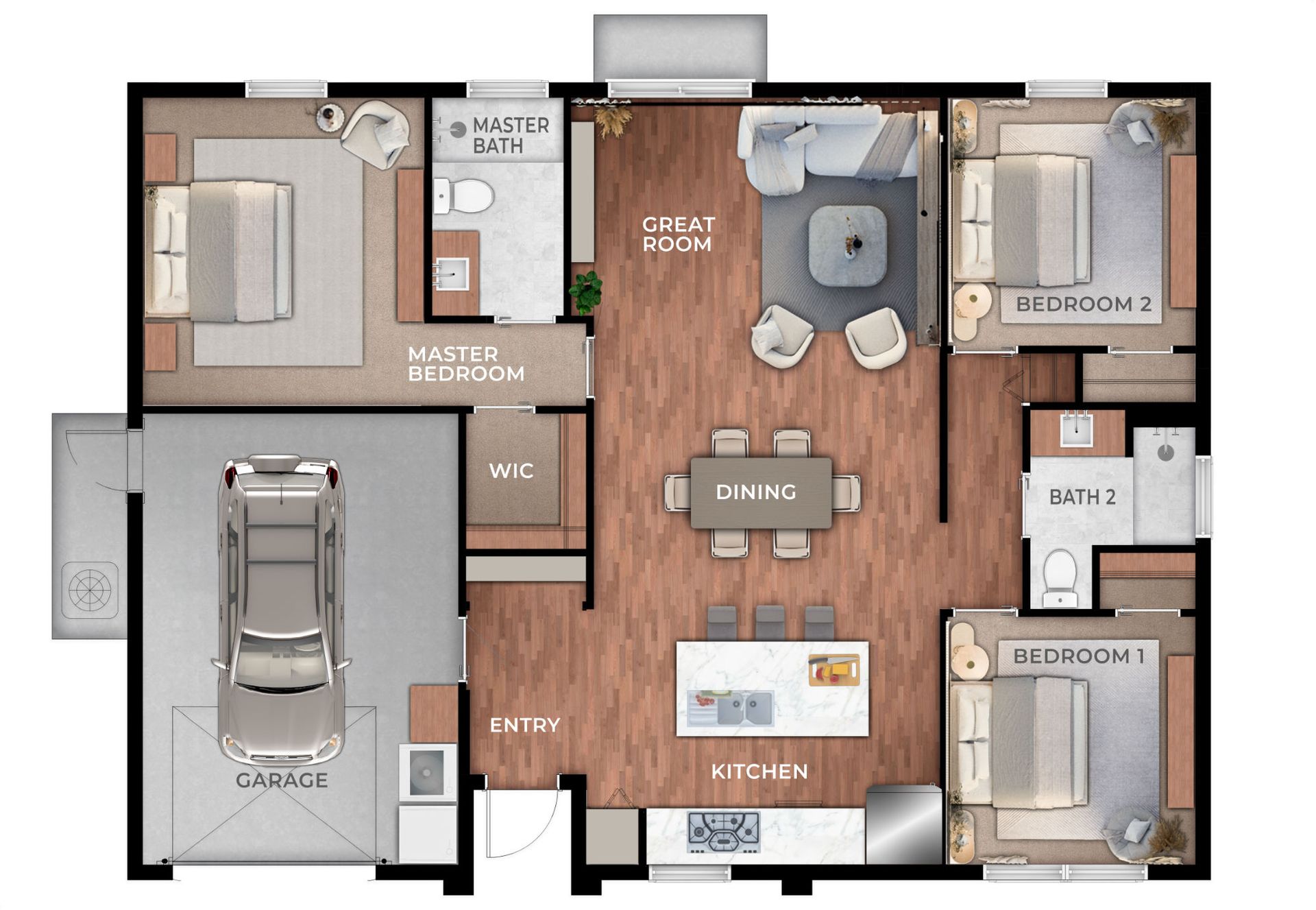 A floor plan of a house with a car in the garage.