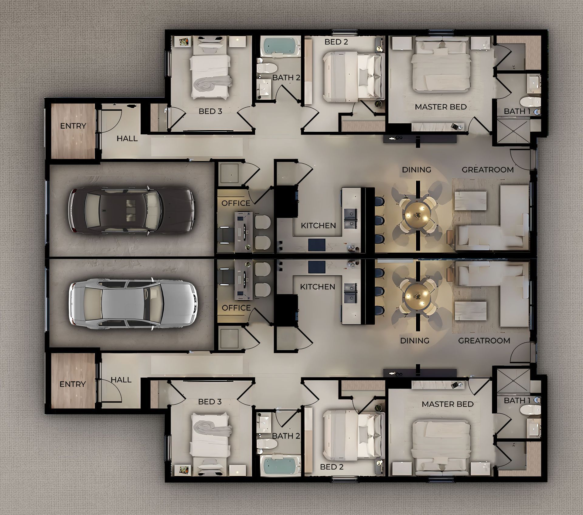 A floor plan of a house with two bedrooms and two cars