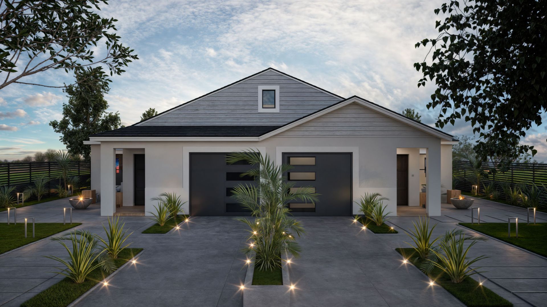 A white house with a black garage door and a driveway
