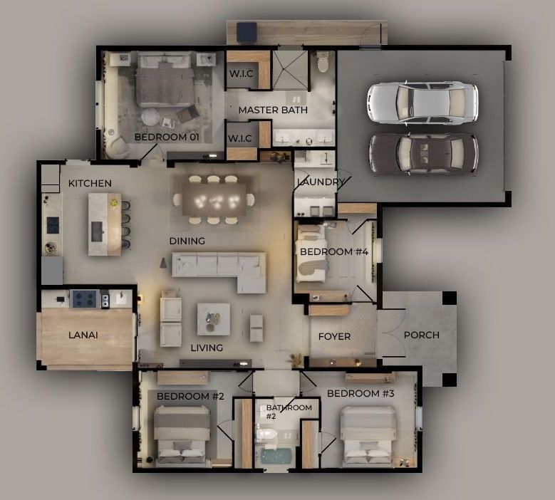 A floor plan of a house with a car in the garage