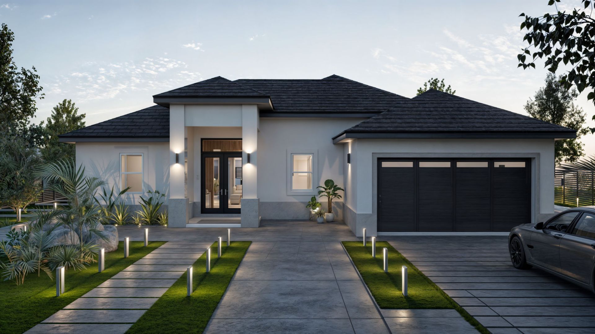 A car is parked in front of a white house with a black garage door.