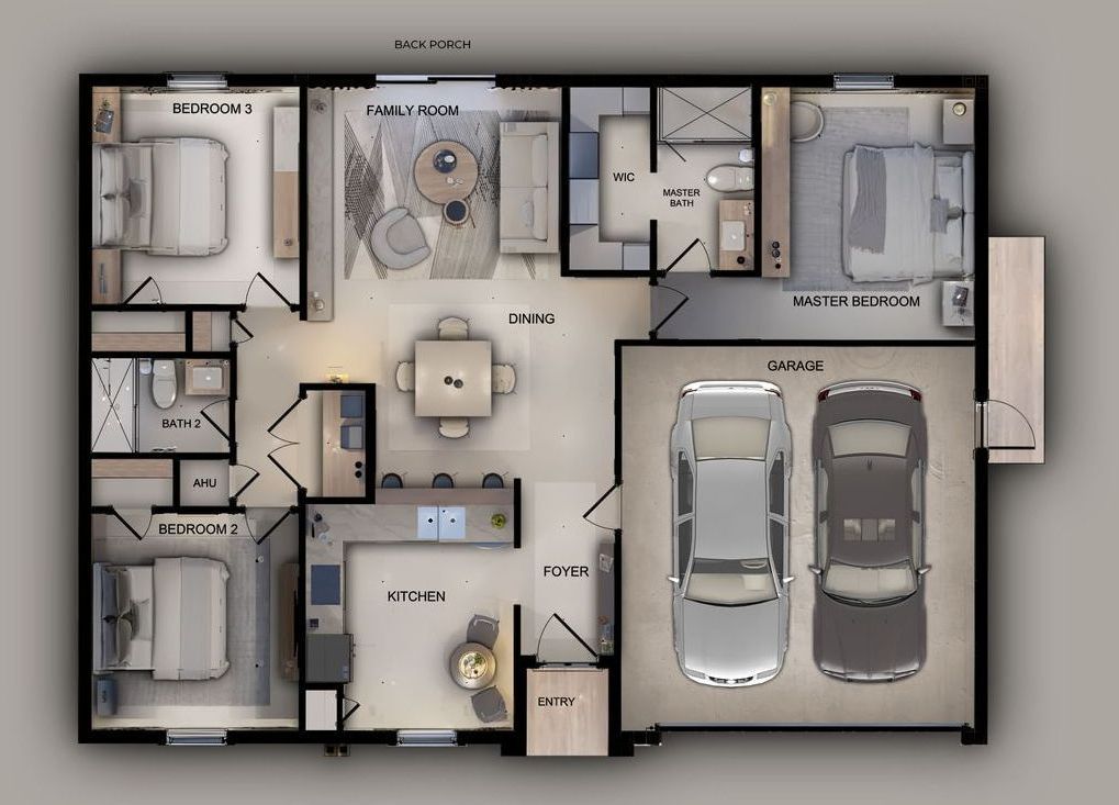 A floor plan of a house with two cars in the garage