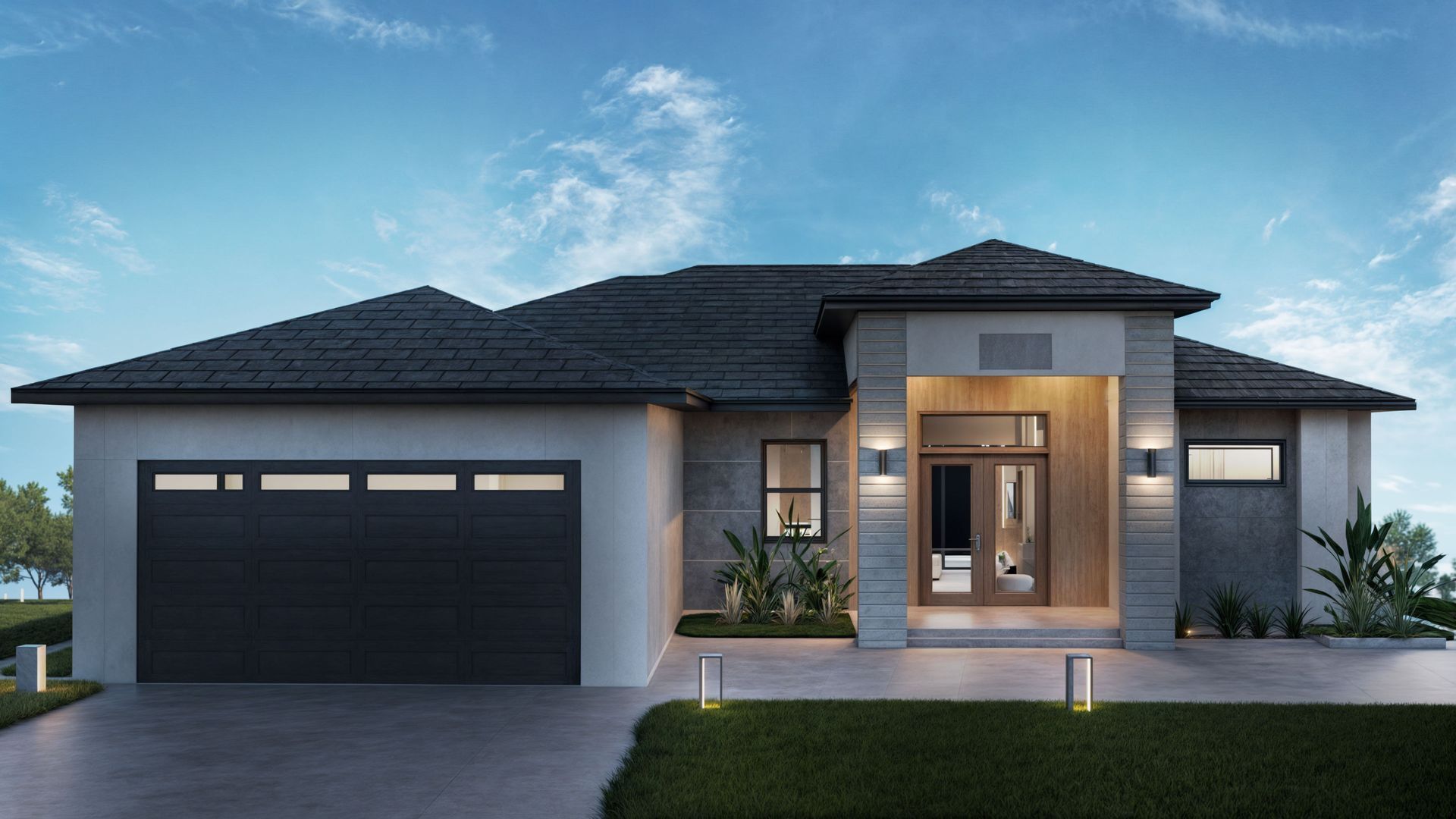 An artist 's impression of a house with a black garage door.