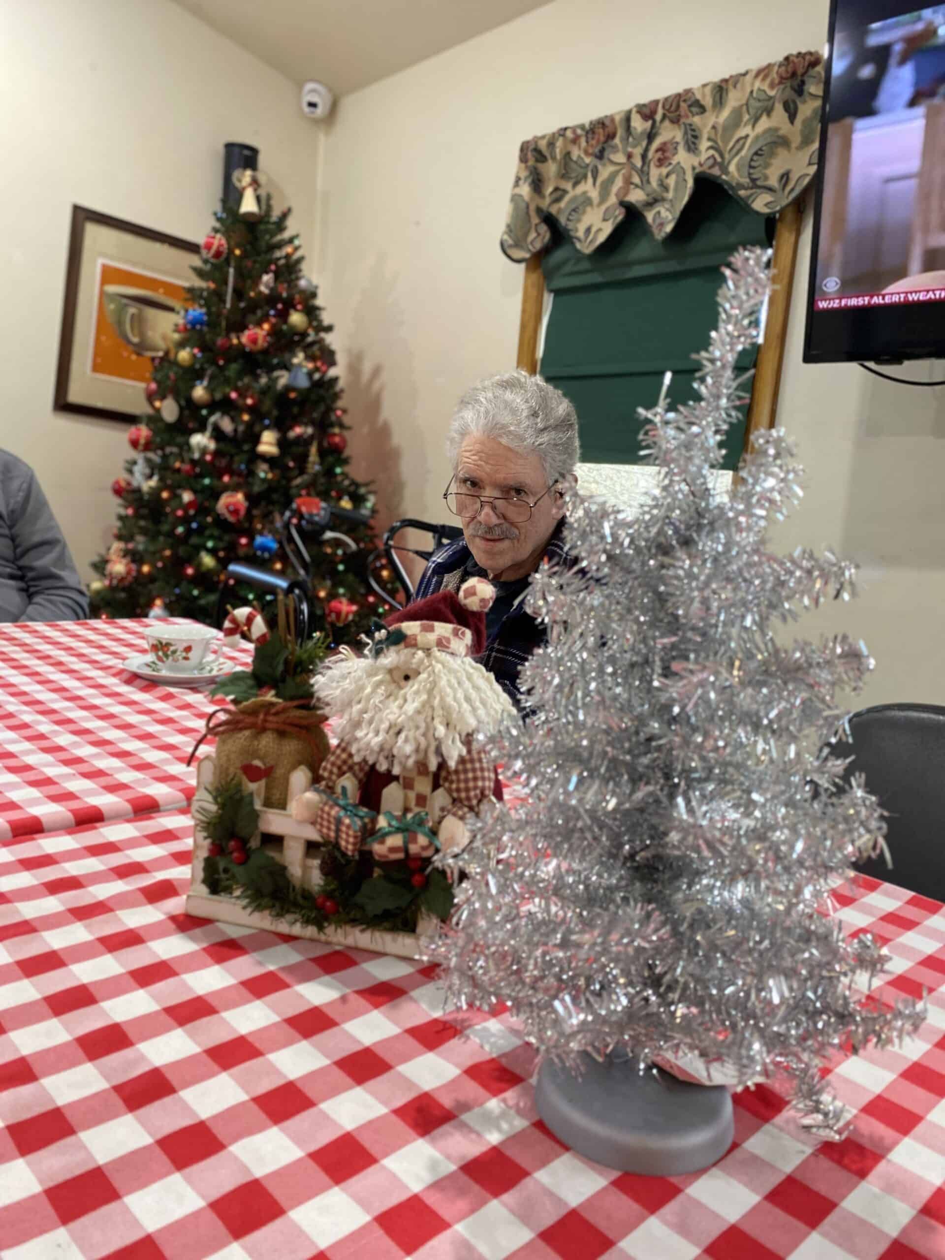 A person sits at a table with a red-and-white checkered cloth, decorated with two Christmas trees and a Santa figurine.