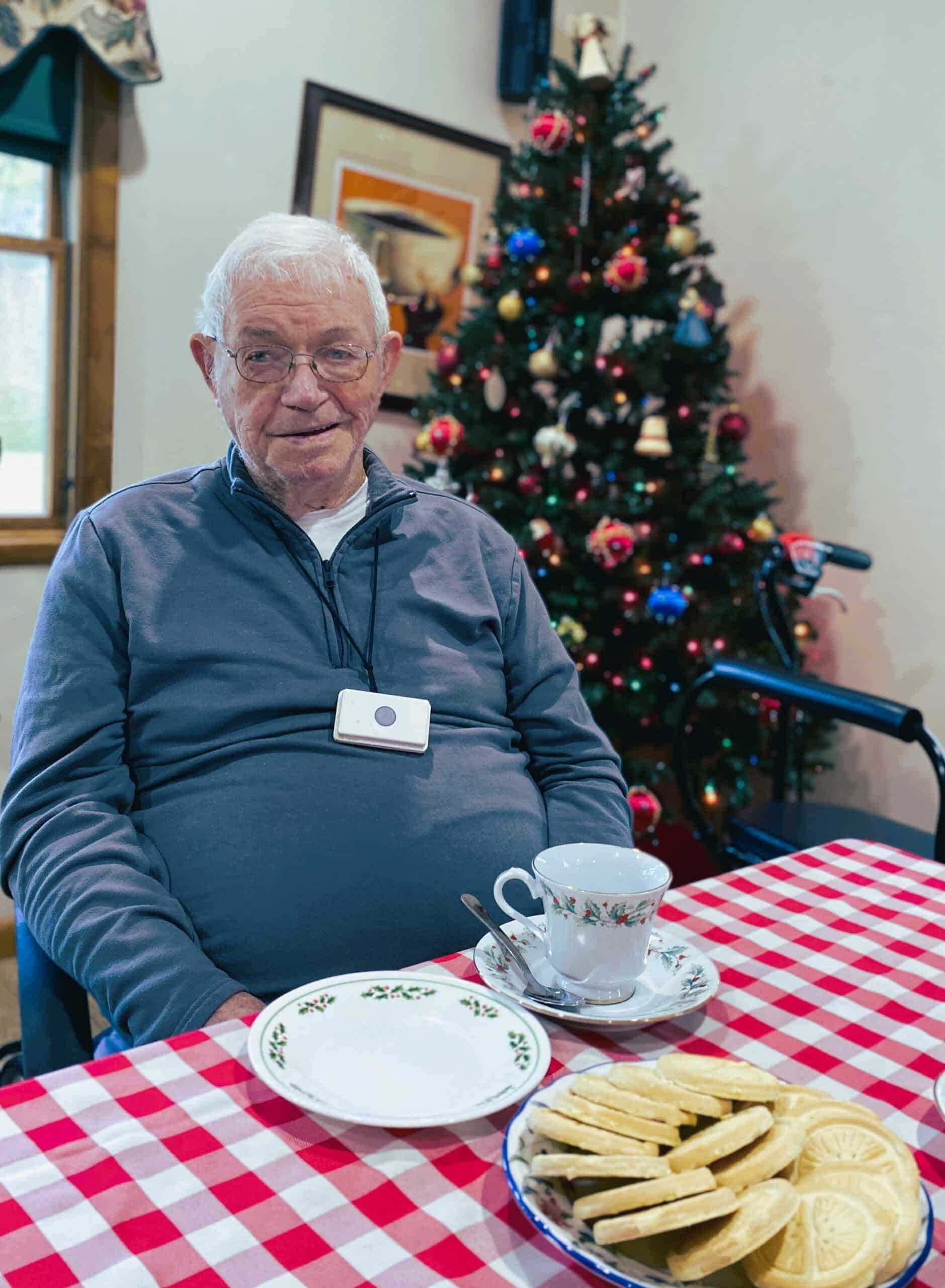 A person sitting at a red-and-white checkered table with cookies, a cup, and a plate, with a Christmas tree in the back.