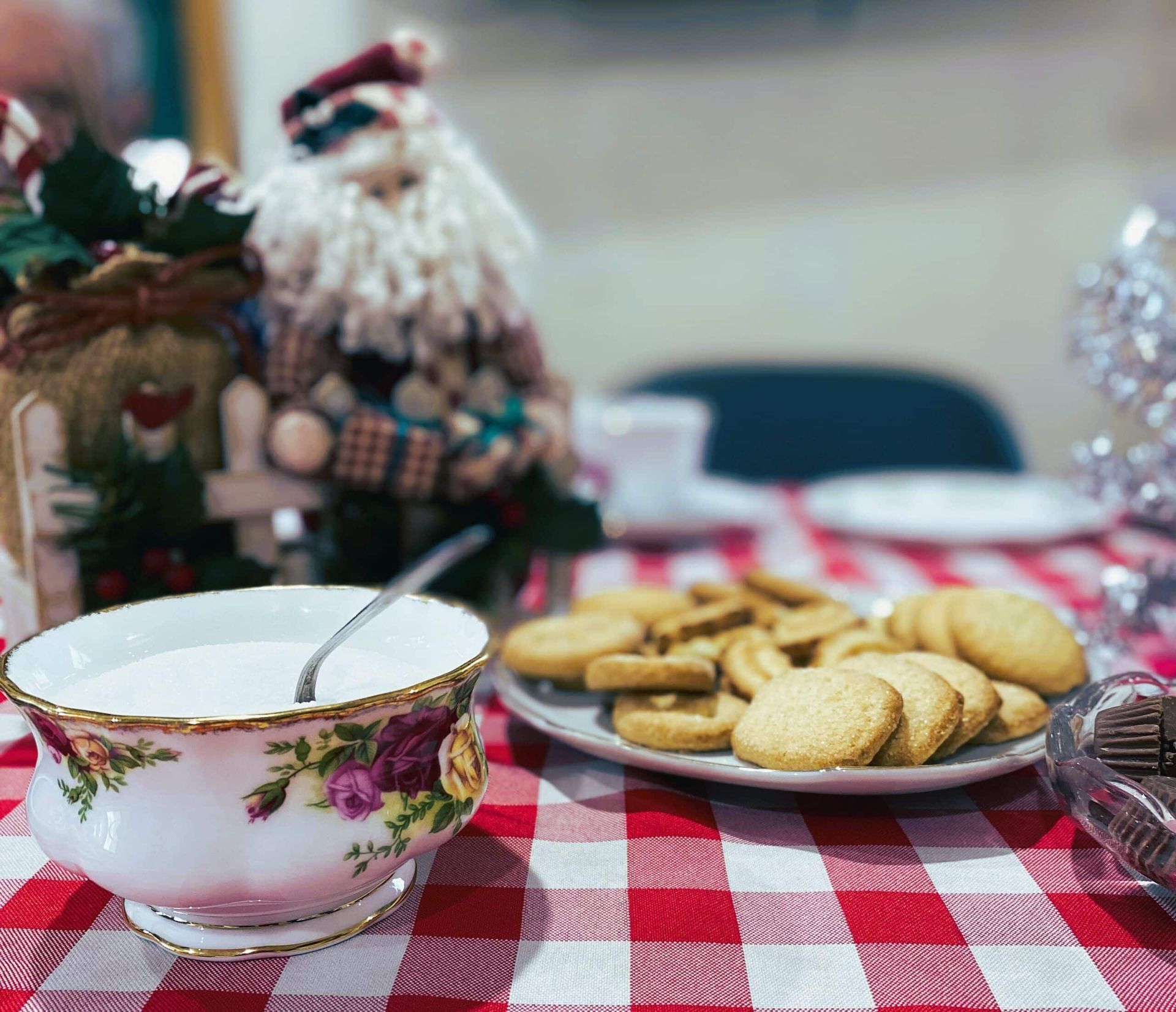 A bowl of milk and a plate of cookies on a red and white checkered tablecloth, with a decorative Santa figure behind.