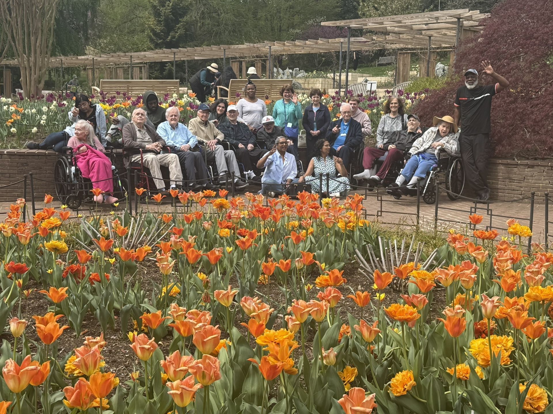 A group of people, some in wheelchairs, posing in a sunny park filled with blooming orange tulips.