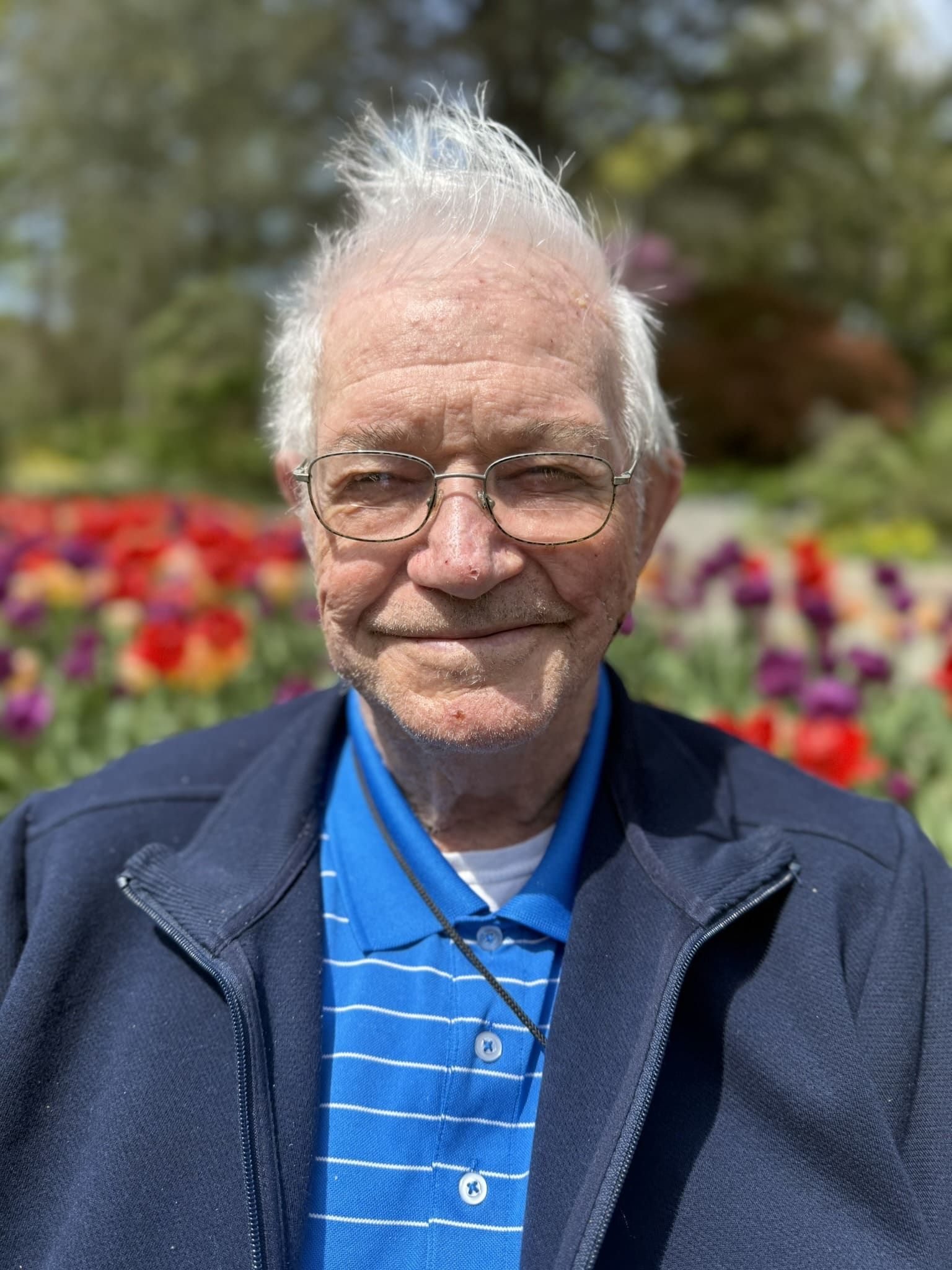 An older person in a blue polo and navy jacket smiles in front of a colorful, blooming tulip garden.