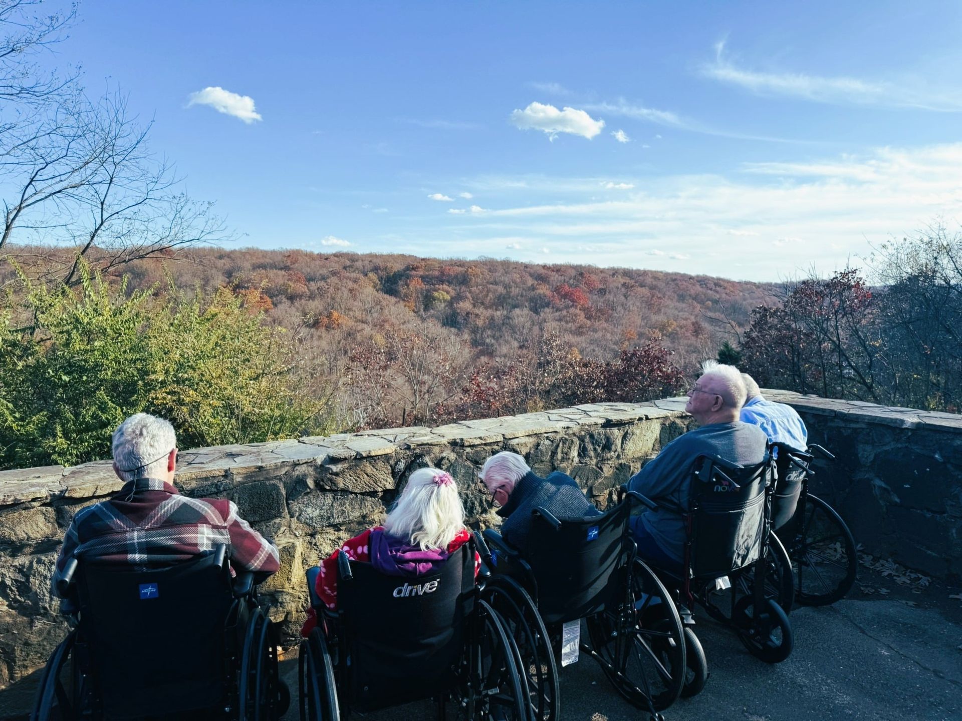Four people in wheelchairs sit in a row on a stone wall, looking out over a valley of autumn trees under a blue sky.