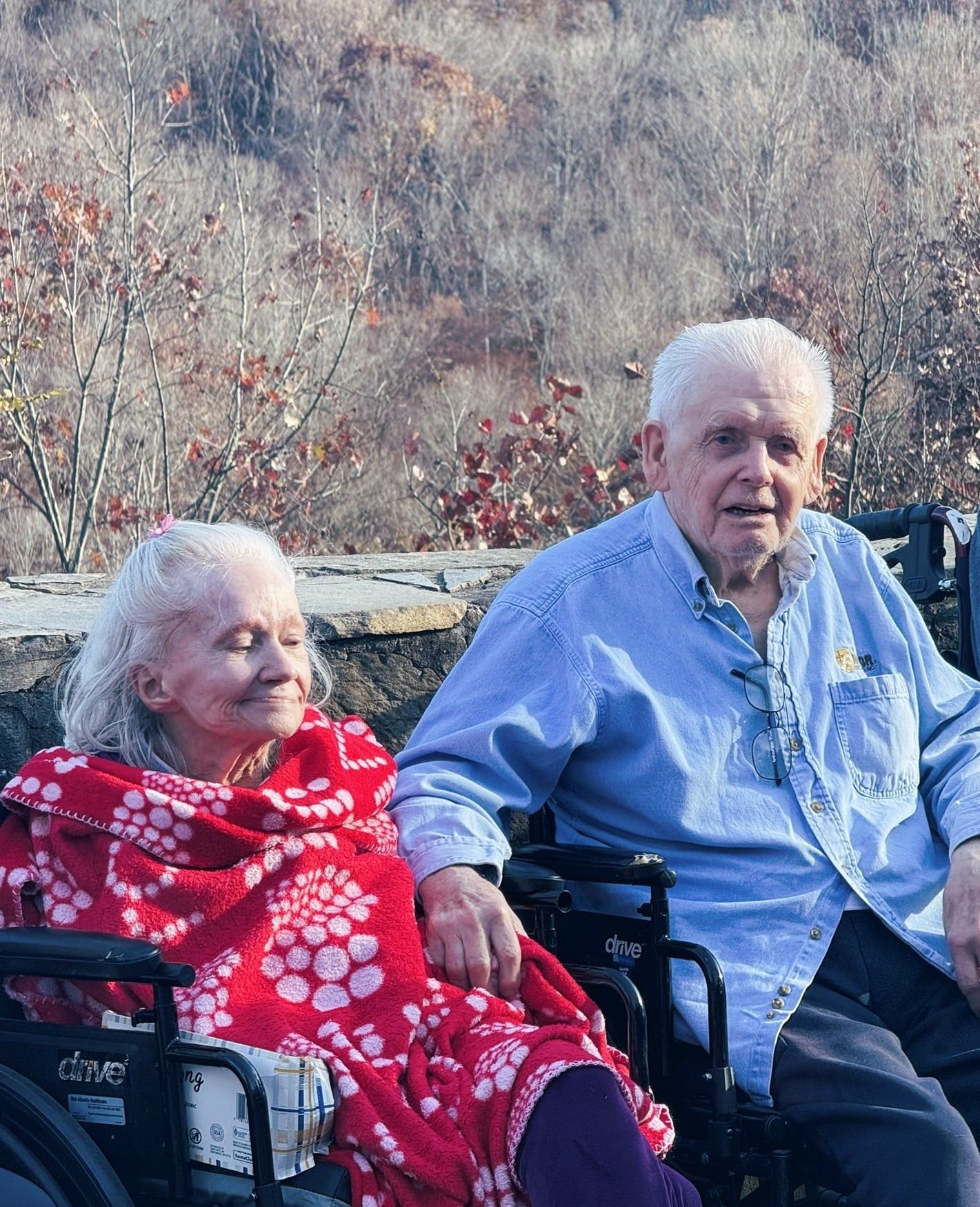 Two people in wheelchairs sitting side-by-side outdoors against a background of trees.