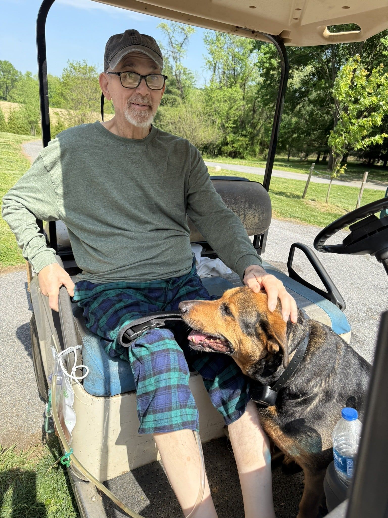 A person wearing a hat and glasses sits in a golf cart with a hand resting on a brindle dog sitting beside them.