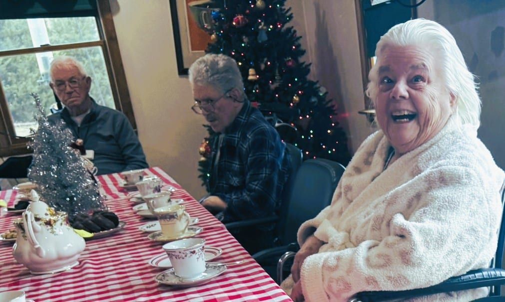 Three people sit at a table covered with a red-and-white checkered cloth, set for tea in a room with a Christmas tree.