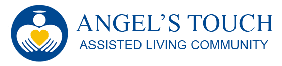 Logo for Angel’s Touch Assisted Living Community featuring a stylized icon of hands cradling a yellow heart.