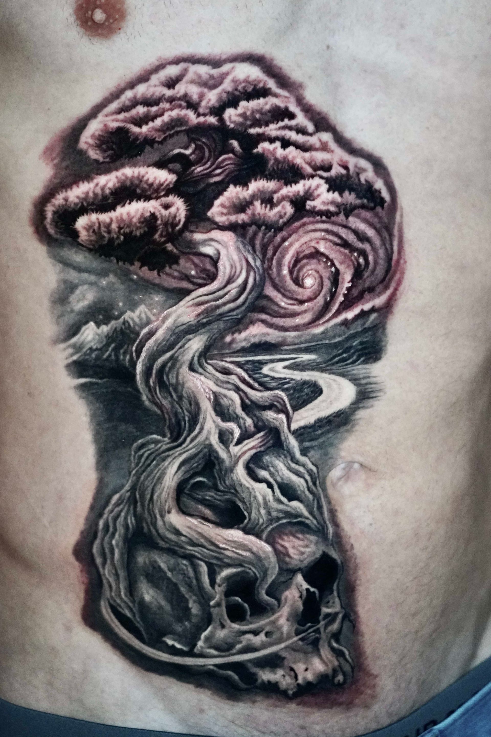 Tattoo of a tree with swirling clouds and a skull, black and gray ink, on a person's torso.