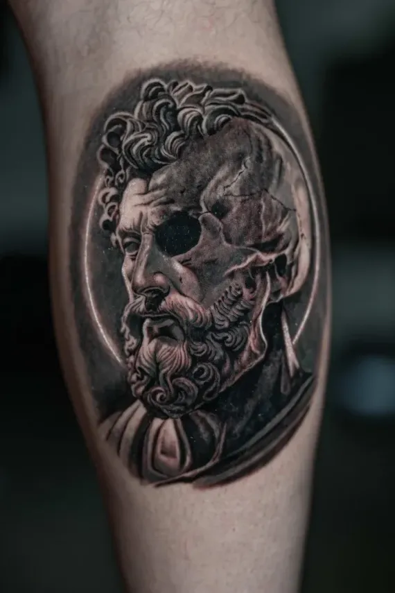 Tattoo of Marcus Aurelius sculpture portrait with a skull overlay, mostly grayscale, on a person's leg.