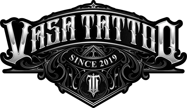 Vasa Tattoo logo: ornate black and white design with text, 