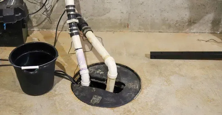 A bucket of water is sitting next to a sump pump in a basement.