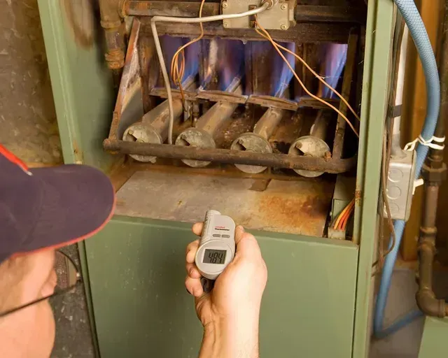 A man is holding a thermometer in front of a gas heater.