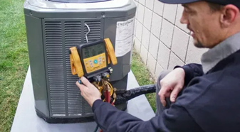Technician repairing air conditioning. Technician repairing air conditioning.