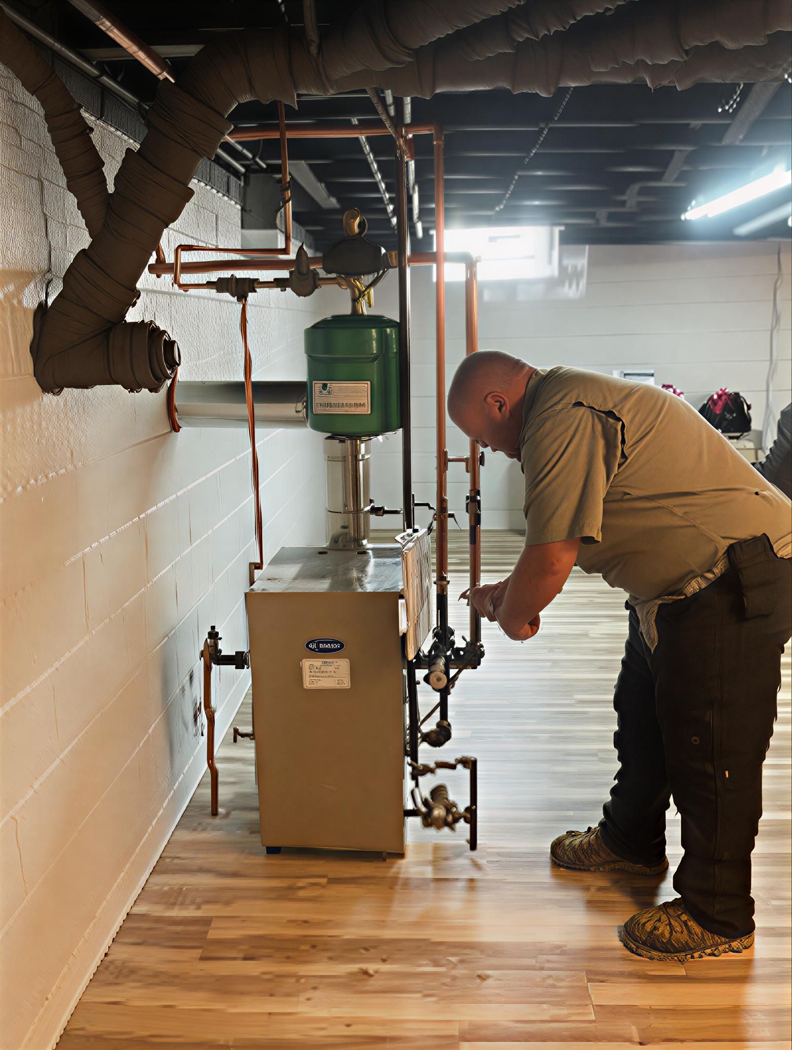 Technician adjusting pipes on a heating system in a basement