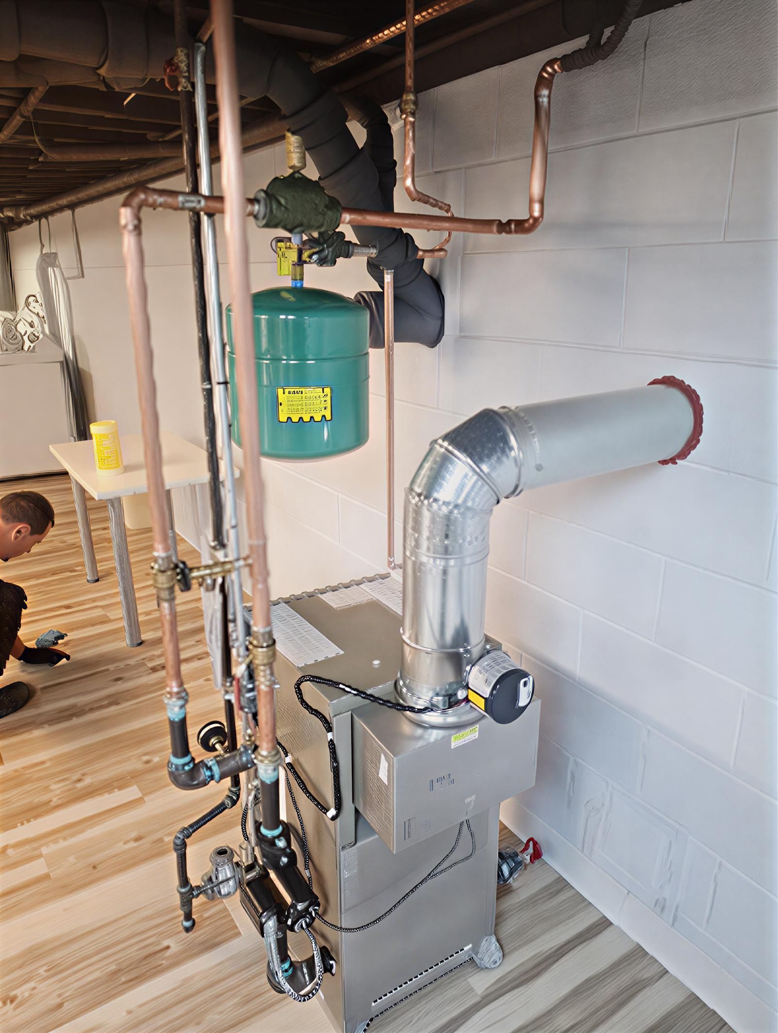 Heating system with copper pipes and green tank installed in a basement.