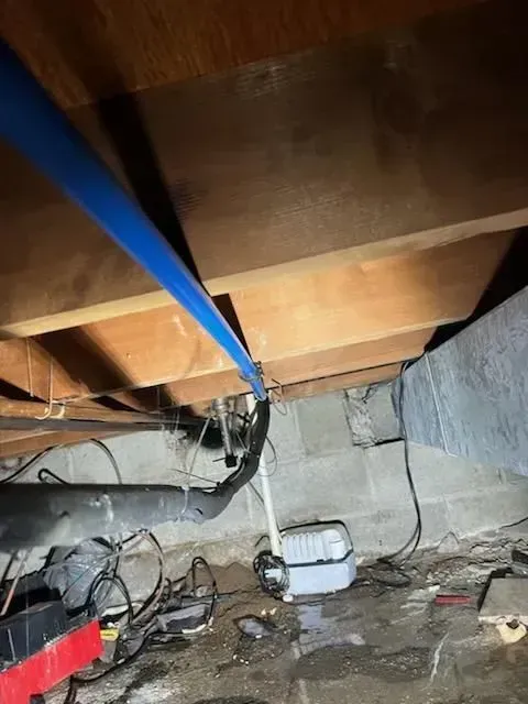A flooded basement with a blue pipe hanging from the ceiling.