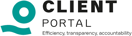 Client Portal logo: teal circle with a hole, and wavy line.  Black text: CLIENT PORTAL. Tagline: Efficiency, transparency, accountability.