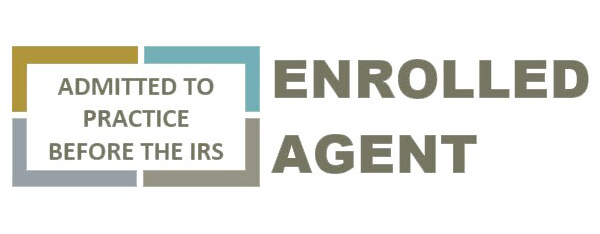 Logo for Enrolled Agent with a square graphic and text that reads "Admitted to Practice Before the IRS".