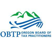 Logo of the Oregon Board of Tax Practitioners. Features blue and green mountains over blue wavy lines and the initials OBTP.