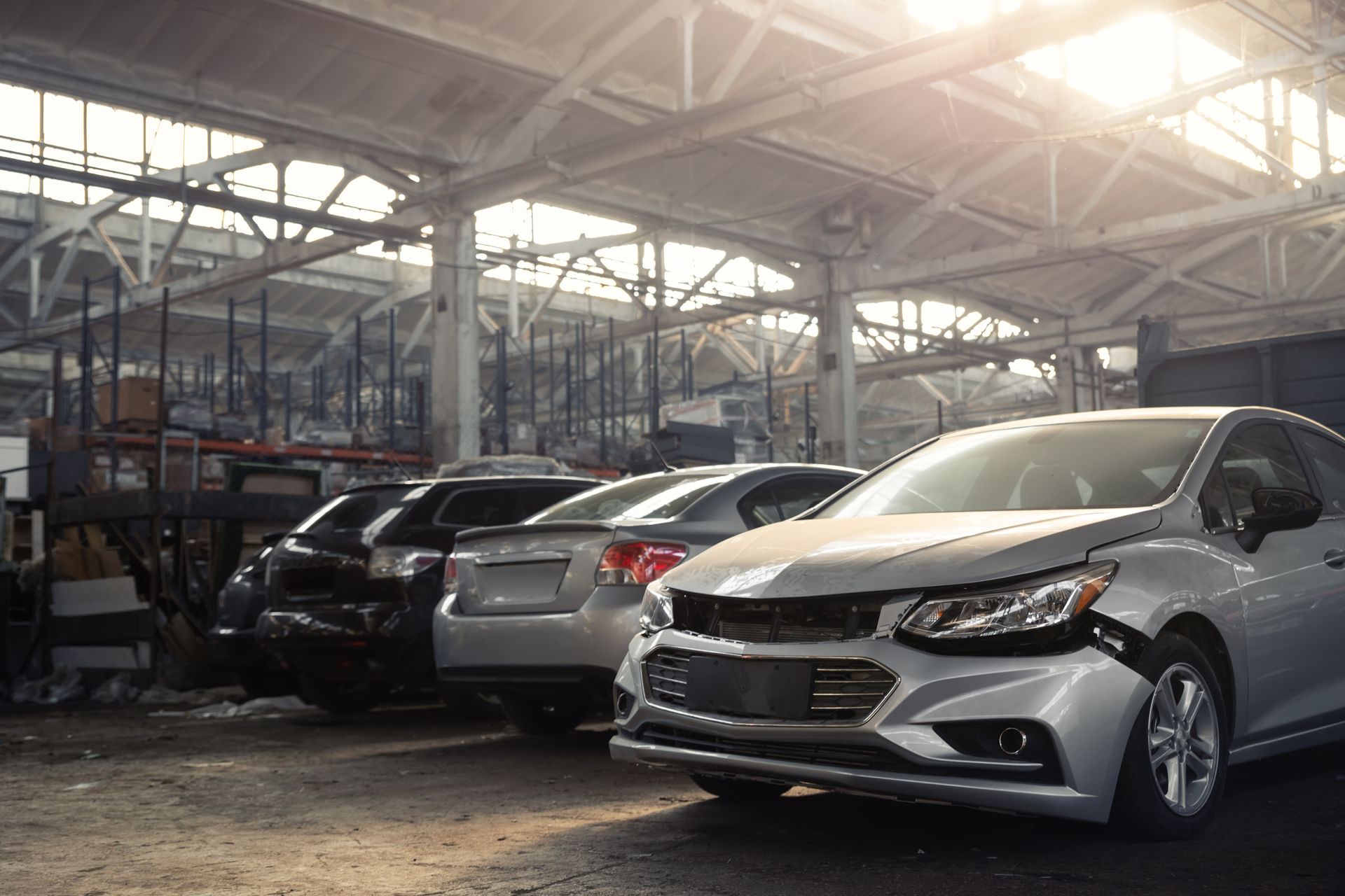 A row of cars are parked in a garage.